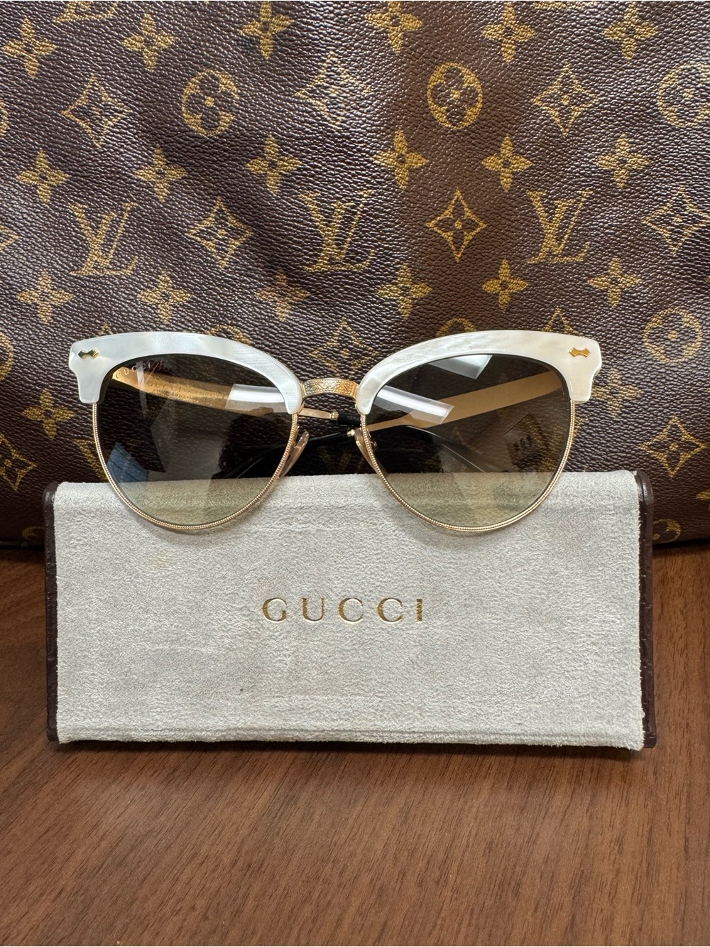 Gucci White and Gold Cat-Eye Sunglasses with Brown Gradient Lenses